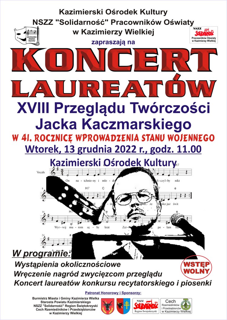 Zaproszenie na XVIII Przegląd Twórczości Jacka Kaczmarskiego 13.12.2022